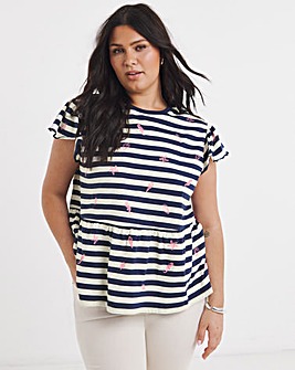White & Blue Stripe Embroidered Seaside Peplum Top