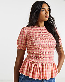 Check Print Shirred Mesh Short Sleeve Top