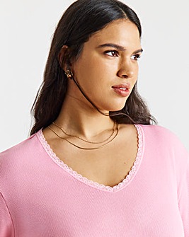 Pink Rib V Neck Lace Trim T-Shirt