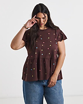 Chocolate Ditsy Floral Embroidered Peplum Top
