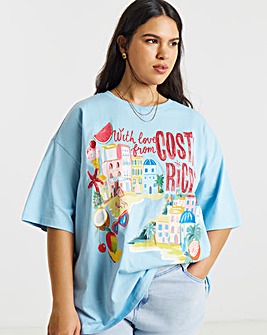 Blue Costa Rica Graphic Oversized T-Shirt