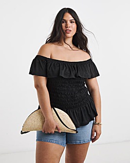 Black Ruffle Shirred Mesh Top
