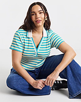 Blue Stripe Polo Collar Cap Sleeve Top