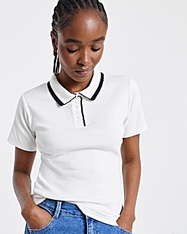Simply Be Cream Short Sleeve Rib Polo Top with Black Tipping