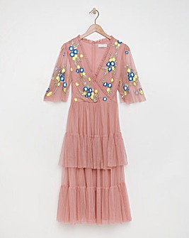 Maya Curve Wrap Front Floral Embroidered Tiered Tulle Midi Dress