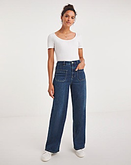Mid Blue Pocket Front Wide Leg Jeans