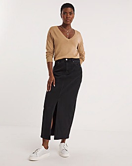 Black Split Front Denim Maxi Skirt