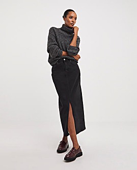 Black Split Front Denim Maxi Skirt