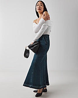 Indigo Raw Edge Fit and Flare Full Skirt