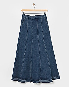 Indigo Raw Edge Fit and Flare Full Denim Skirt