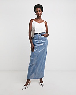 Blue/Silver Metallic Coated Denim Skirt