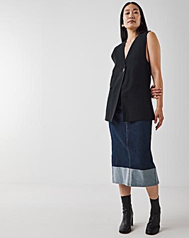 Raw Indigo Stretch Turn Up Midi Denim Skirt