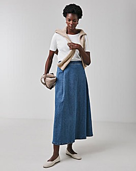 Denim Blue Full Pleat Denim Skirt