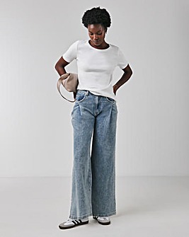 Blue Pleat Detail Wide Leg Jeans