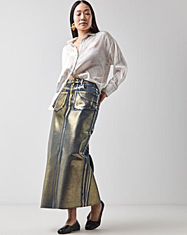 Gold Metallic Coated Column Denim Skirt