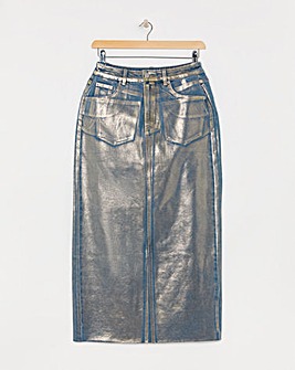 Gold Metallic Coated Column Denim Skirt