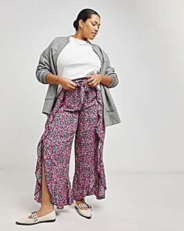 Ditsy Print Tie Ruffle Front Split Trousers