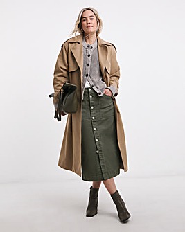 Khaki Midi Button Front Denim Skirt