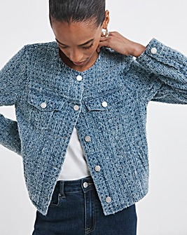 Fitted Collarless Boucle Textured Denim Jacket