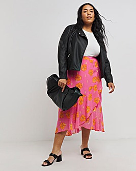 Pink and Orange Floral Print Tie Waist Frill Midi Skirt with Gold Foil