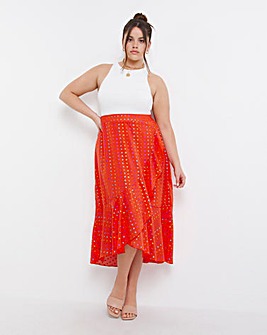 Orange Rainbow Foil Spot Print Tie Waist Frill Midi Skirt