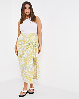 Yellow Floral Print Linen Midi Skirt with O Ring Detail