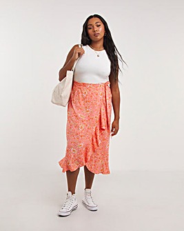 Orange Floral Print Frill Wrap Midi Skirt