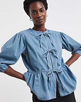 Light Blue Peplum Puff Sleeve Denim Top