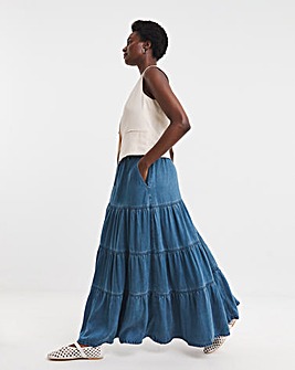 Blue Lyocell Soft Maxi Tiered Denim Skirt