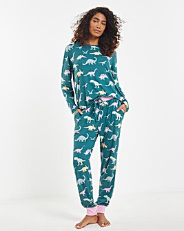 Chelsea Peers Jersey Disty Dinosaur Print Crew Pyjama Set