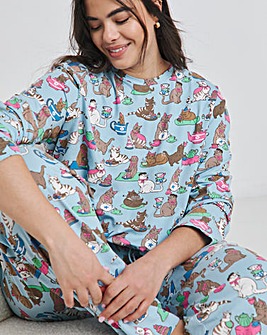 Chelsea Peers Jersey Cats Tea Party Print Crew Pyjama Set