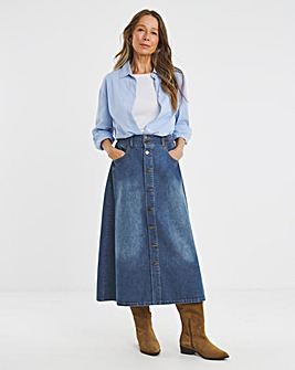Indigo Elasticated Waist Button Through Denim Skirt