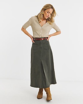 Khaki Pocket Front Denim Midi Skirt