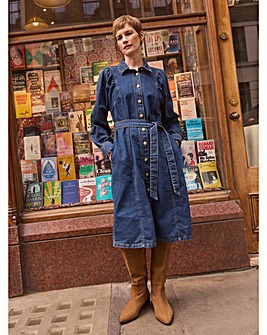 Pure Cotton Mid Blue Volume Sleeve Denim Midi Dress
