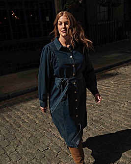 Pure Cotton Mid Blue Volume Sleeve Denim Midi Dress