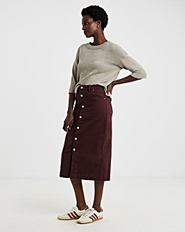 Burgundy Button Through Denim Midi Skirt