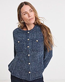 Indigo Boucle Peplum Collarless Denim Jacket
