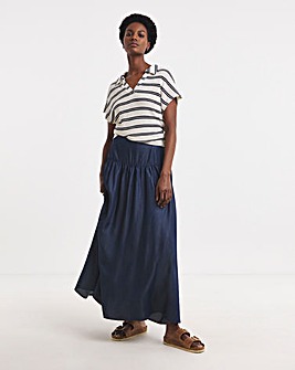 Dark Blue Pull On Tiered Lyocell Denim Maxi Skirt