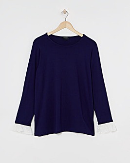 Navy Broderie Cuff Detail Long Sleeve Top
