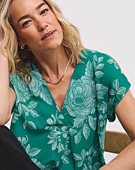 Green Floral Woven Front V-Neck Top