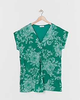 Green Floral Woven Front V-Neck Top