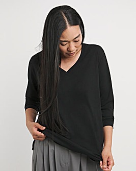 Black V-Neck Longline Split Hem Slouch T-Shirt