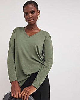 Khaki V-Neck Split Hem Slouch T-Shirt