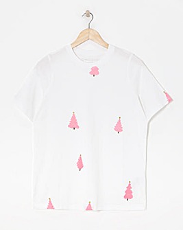 White Crew Neck Embroidered Christmas Tree T-shirt