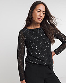 Black Crew Neck Long Sleeve Glitter Mesh Top