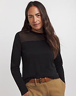 Black Crew Neck Long Sleeve Mesh Insert Top