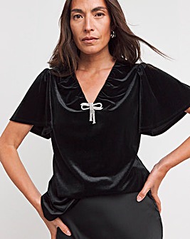 Black V-neck Short Sleeve Bow Detail Velvet Top