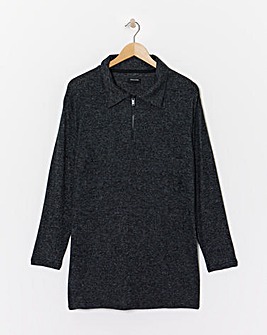 Collared Zip Front Long Sleeve Soft Touch Longline Top