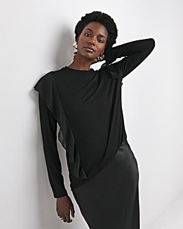 Black Crew Neck Chiffon Frill T-Shirt