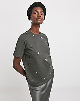 Charcoal Crew Neck Scatter Embellished T-shirt